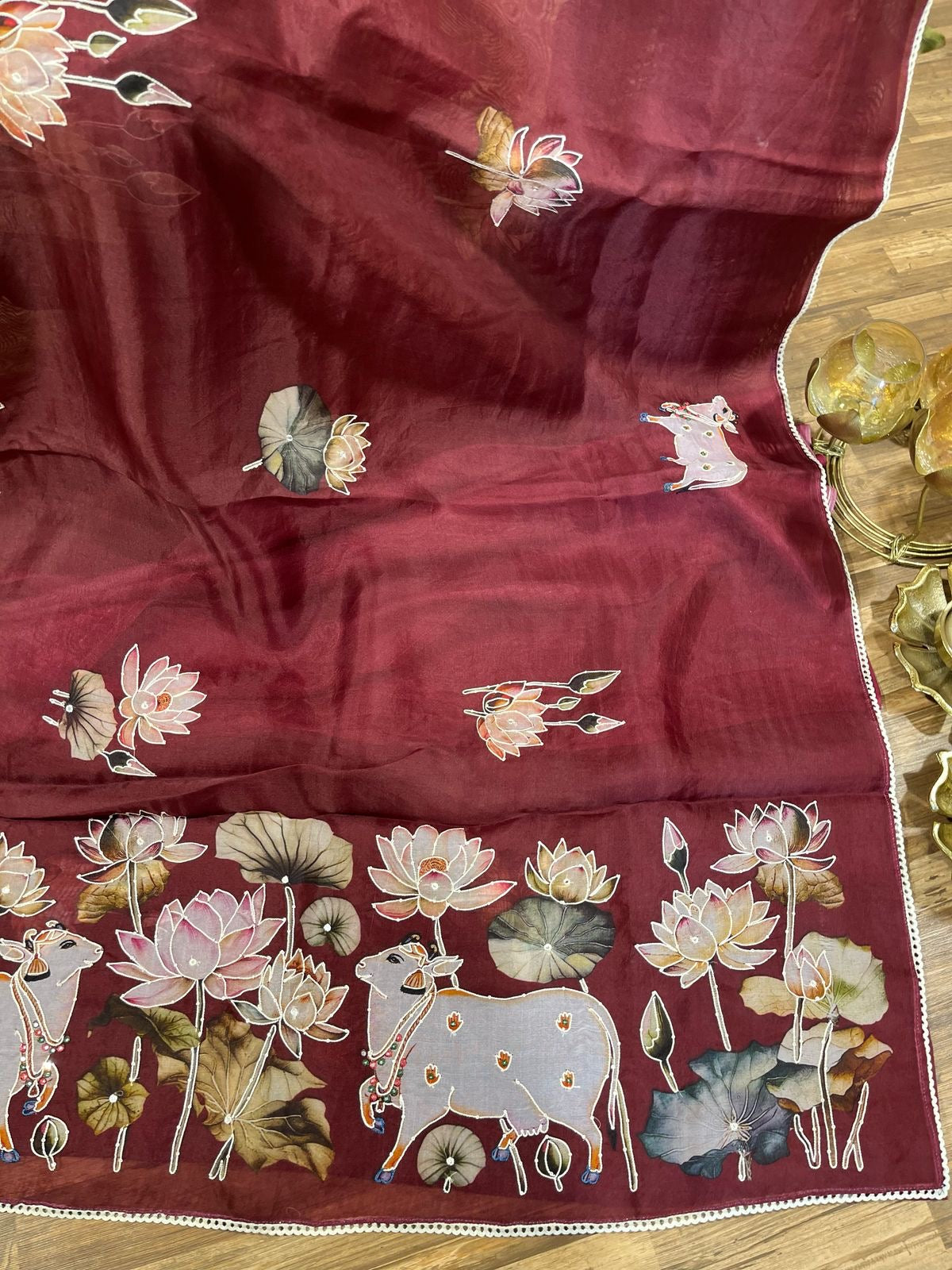 Maroon Designer Floral Print Pure Organza